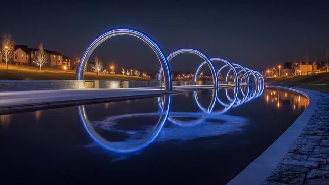 Illuminated arches reflecting in water at night with city lights