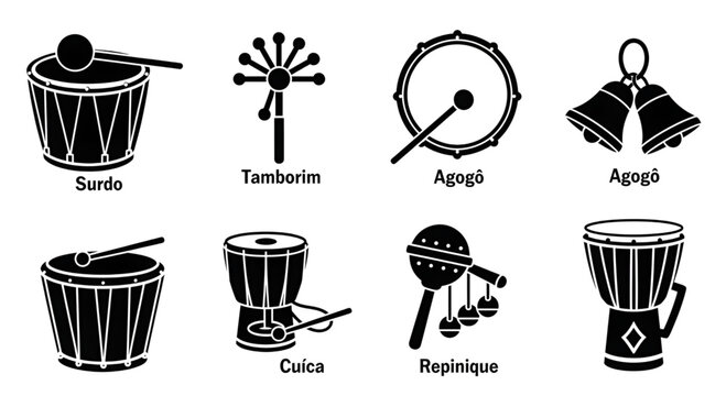 Detailed collection of Brazilian samba percussion instruments in black silhouette form.