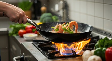Close-up of Large King Prawns Stir-Fried with Vegetables in a Wok over Intense Gas Flame, Professional Culinary Arts and High Heat Cooking Technique