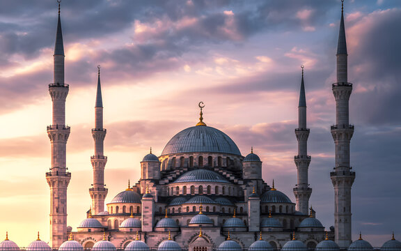 Mesmerizing sunset view of the sultan ahmed mosque, also known as the blue mosque, in istanbul, turkey, with vibrant sky and historical details