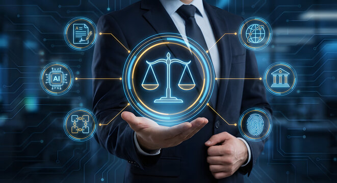 businessman holding virtual justice scales icon with legal technology symbols representing digital law firm services smart contracts cyber legislation and artificial intelligence