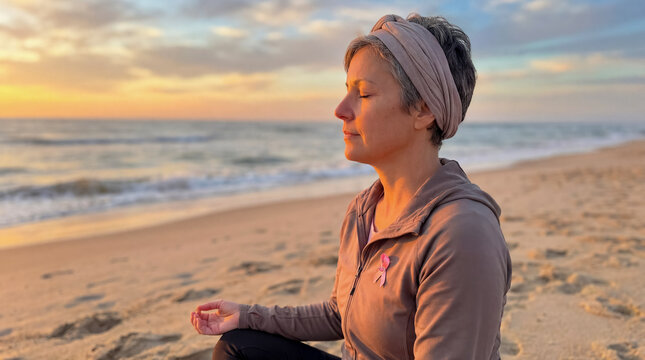 Cancer survivor meditating on beach at sunset remission peace wellness background copy space oncology recovery nature mindfulness hope