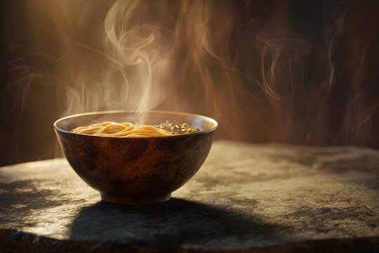Deep circular bowl containing steaming miso noodles, featuring linear strands and geometric toppings, captured from a three-quarters perspective with