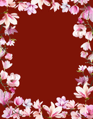 Fototapeta premium A beautiful floral frame of pink and white flowers set against a dark red background.