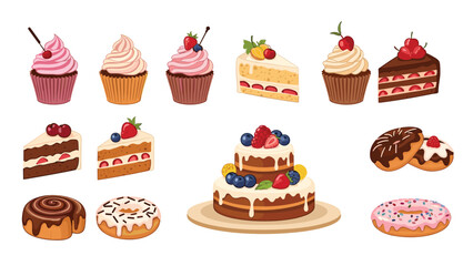 Mouth watering illustrations of assorted cakes cupcakes donuts and brownies with fruit toppings for bakery and cafe menus.