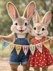 Fototapeta premium Easter bunnies with egg hunt banner on a leafy park path, wide shot