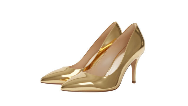 A pair of shiny gold high heeled shoes on a black background