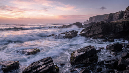 Obraz premium Rocky coast ocean wave dramatic sky sunset sea spray rugged cliff scenic landscape tranquil natural beauty evening light create peaceful atmosphere along shoreline