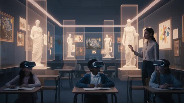 Students Immersed In Virtual Reality Amidst Hightech Art Installations