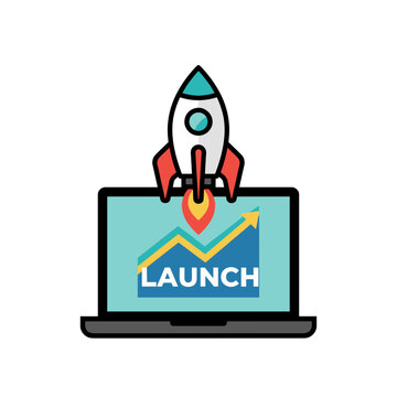 Startup launch concept with rocket taking off from laptop showing business growth idea