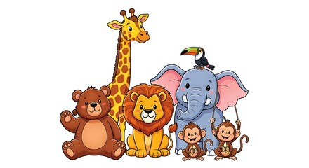 Obraz premium A delightful illustration of a friendly group of safari animals including a giraffe, elephant, lion, bear, and monkeys