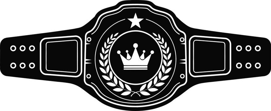 Championship belt silhouette icon with crown laurel wreath and star for victory combat sports wrestling and achievement award