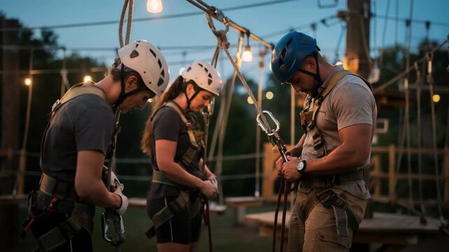 Medium shot of a trainer doublechecking adult participants tether connections and knots in softly lit evening ropes course setting emphasizing focus on harness security.