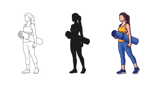 Woman holding a rolle dup yoga mat, presented in three styles line art, silhouette and full color illustration