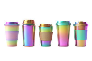 Five colorful holographic disposable coffee cups on transparent background
