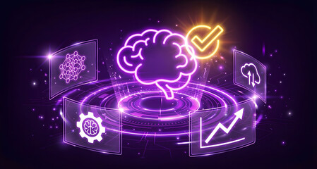 Obraz premium purple neon artificial intelligence brain glowing on digital hud interface with data analysis icons and check mark representing machine learning success and neural network logic