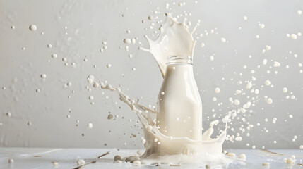 Dynamic minimalist still life of milk bottle with splashes for creative design