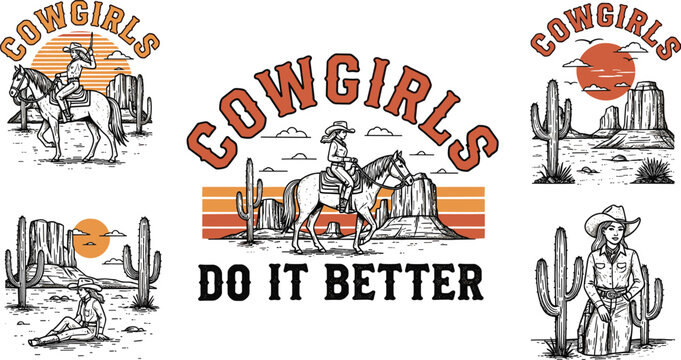 Cowgirls in Western Desert Landscape with Cacti and Mesas Vintage Style Art cowboy