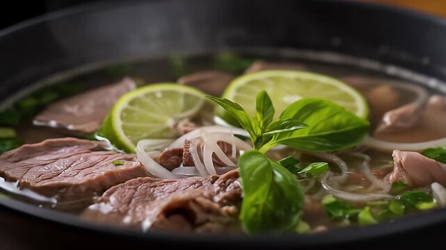 Delicious Vietnamese Pho Bo Soup with Beef and Lime Close-up.