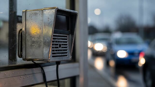 Closeup of a drivethru speaker post and menu board in sharp detail during a busy breakfast rush with the lane and waiting cars softly blurred to emphasize the ordering point.
