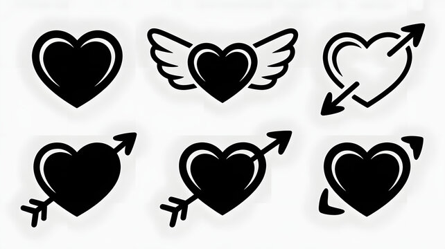 Collection of black heart icons with wings and arrows representing love and affection high quality professional