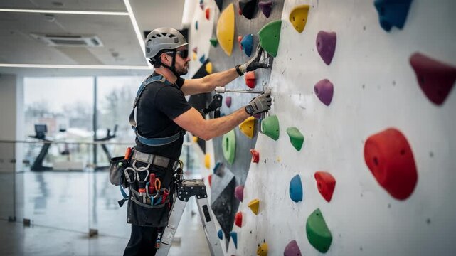 Technician installing colorful anchors on an indoor climbing wall in a sleek corporate gym focusing on precision and safety gear