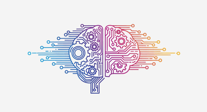 Vibrant digital brain illustration blending human intelligence with circuit board technology for