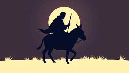 Naklejka premium A silhouette of Jesus Christ riding a donkey under a full moon during Palm Sunday procession