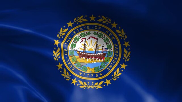 new hampshire state flag with official seal waving on blue fabric background