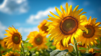 Fototapeta premium Sunflower field with cloudy blue sky. Sunflowers landscape