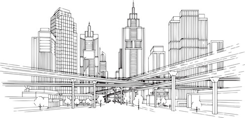 Obraz premium City landscape. Different buildings on street, outline cityscape hand sketch, flat houses. Hand drawn vector illustration