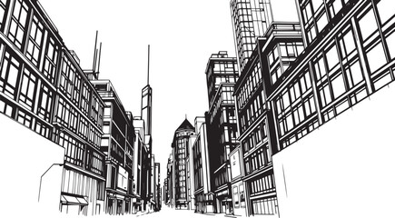 Fototapeta premium City landscape. Different buildings on street, outline cityscape hand sketch, flat houses. Hand drawn vector illustration