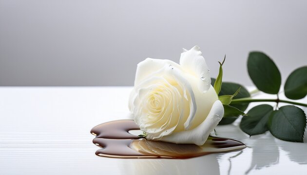 a white rose bleeding on a white table space for copy
