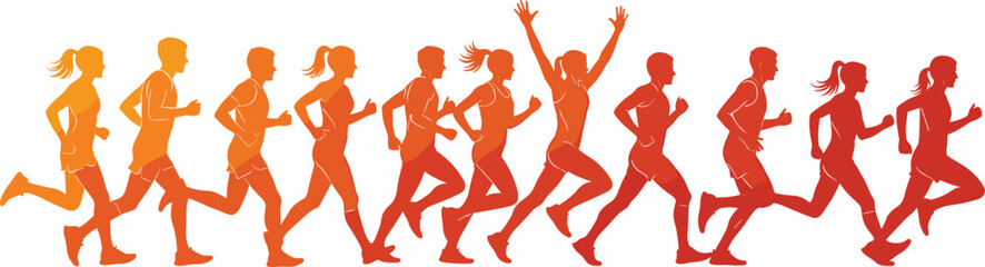 Fototapeta premium Colorful Silhouettes of Happy People Jumping and Celebrating Together, Vibrant Group Success, Joyful Achievement, Energetic Youth Teamwork, Freedom and Victory Concept