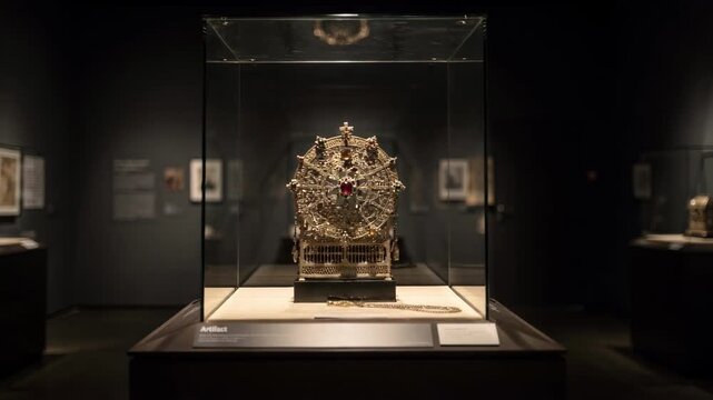 Medium shot of a single ornate relic displayed in a solitary glass vitrine sharply focused with the label and dark museum setting fading softly into the background.
