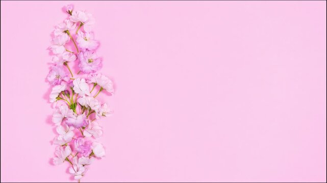 Row of natural, delicate, pink sakura flowers. Pastel pink background. Beautiful frame with copy space in center. Greeting card template for Mother's Day, wedding, birthday or spring arrival.