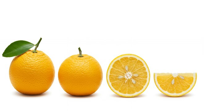 Ripe Orange Citrus Fruit Composition with Whole Fruit and Slices Showing Seeds Isolated on White Background for Juice and Beverage Marketing