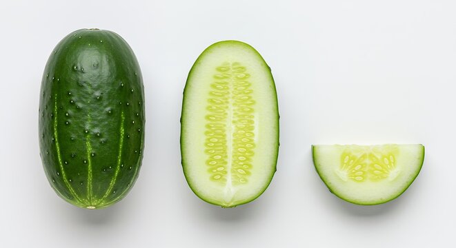Whole Kirby Cucumber with Sliced Halves and Quarter Showing Fresh Seeds and Texture Isolated on White Background for Culinary Design