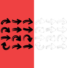 Obraz premium Directional arrow and abstract fluid line set, rotational movement icons on red background with white organic swirl designs, vector motion element collection.