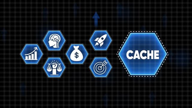 Business icons with CACHE text in a large hexagon on a dark grid background CACHE finance