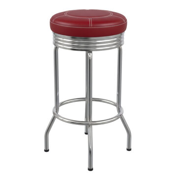 pristine retro american diner bar stool featuring a highly reflective chrome frame and vibrant deep red padded vinyl seat, isolated on white, vintage americana nostalgia concept