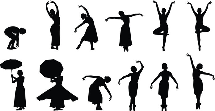 Graceful Ballerina Silhouettes Set for Dance Performance, Elegant Woman Dancing Poses, Ballet Dancer Motion Graphics for Theatre and Arts Class Vector.