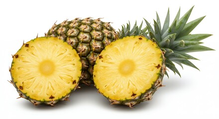 Two Round Pineapple Slices and Whole Fruit with Green Leaves Isolated on White, High Quality Food Photography for Recipe Design