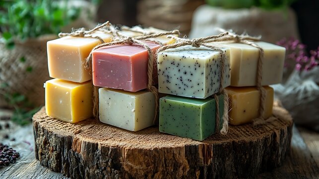 Assorted handmade soaps displayed on a rustic wooden stump