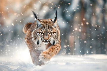 Fototapeta premium Majestic lynx in action charging through snowy wilderness in winter