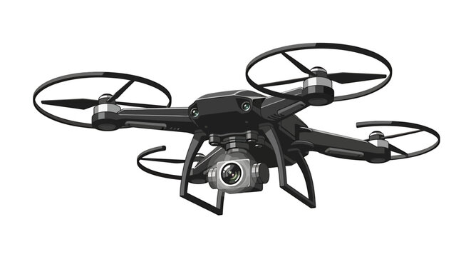 Black surveillance drone with camera scanning ground security concept vector