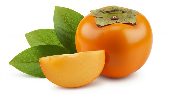 Close Up of Whole Persimmon with a Single Slice and Green Leaves Isolated on White Background for Fruit Minimalist Composition and Design