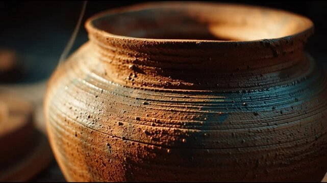 Cinematic close-up of a meticulously handcrafted rustic pottery pot, highlighting its unique earthy textures, organic imperfections, and warm, evocative natural lighting