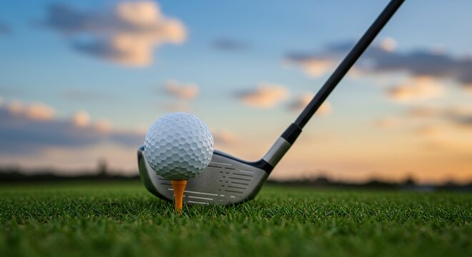Golf Ball Resting on Orange Tee with Metal Driver Club Head in Background, Close-Up of Golfing Action Readiness on Fairway During Golden Hour