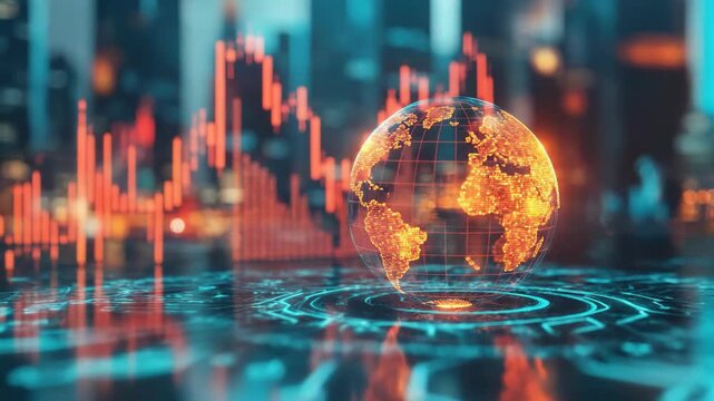 Global finance analytics, glowing earth spinning on a digital circuit board, red economic market graphs trending data, worldwide business concept.